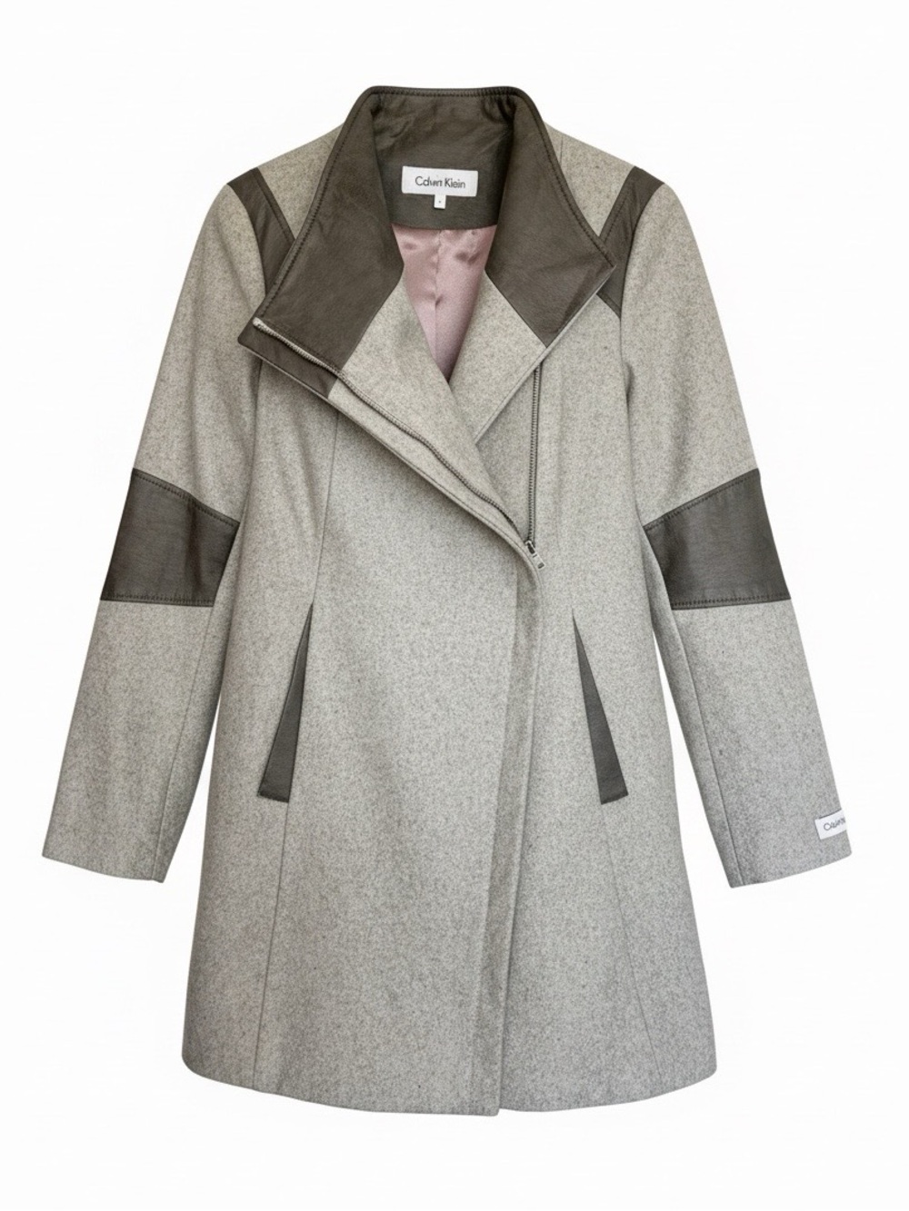 Calvin Klein gray wool blend coat Size S Faux leather detail Warm Winter Classic